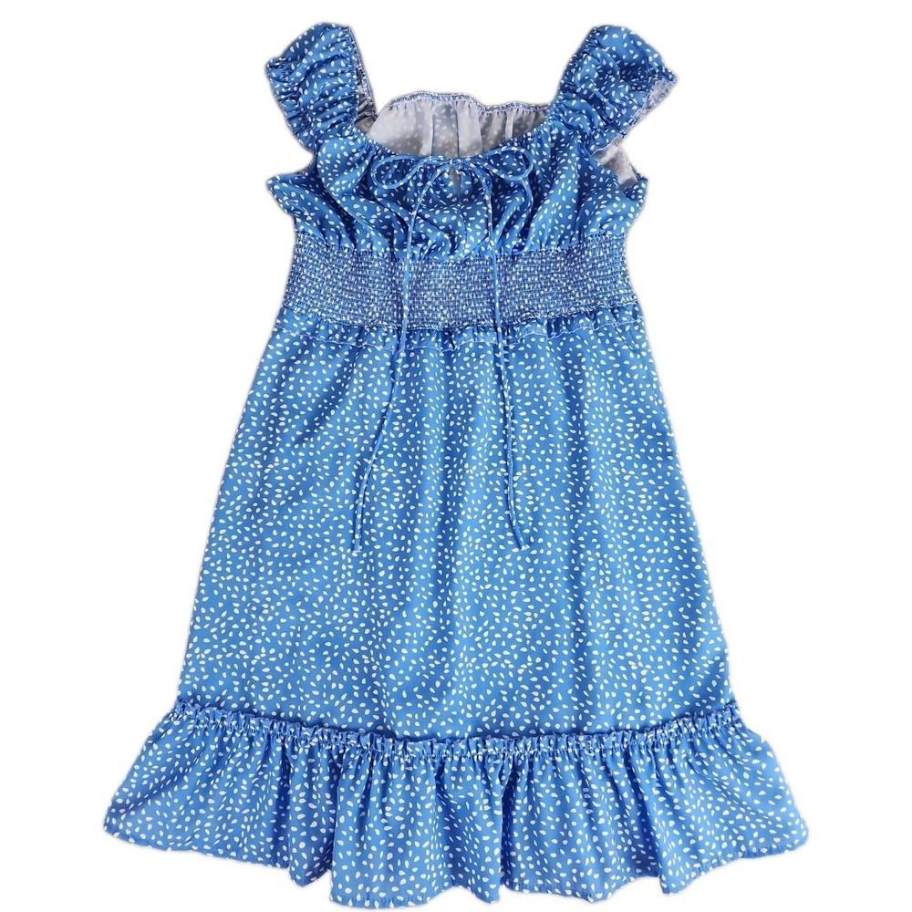 Blue Floral Smocked Mini Dress Medium Milkmaid Ruffle Cap Sleeves Flirty Cute